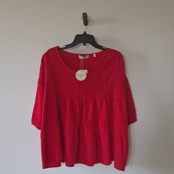 PATRIZIA LUCA Split Neck Long Sleeve Gauze Top In Red - Picture 4 of 5